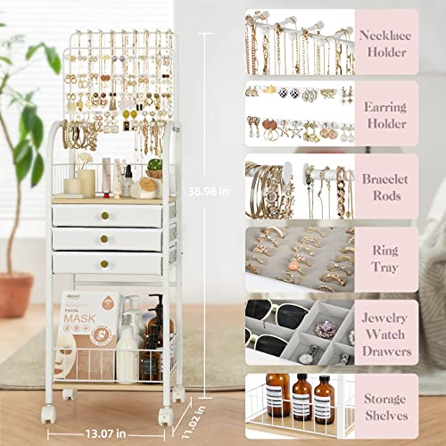 Keebofly Jewelry Organizer Stand with 3 Drawers, Large Necklace Holder & Earring Organizer Rack, Wooden Jewelry Tree Tower...