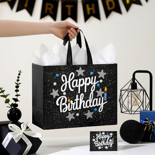 STYPOP 2 Pack 13" Large Birthday Gift Bags with Tissue Paper & Cards, Reusable Non-Woven Happy Birthday Bags with Handles,...
