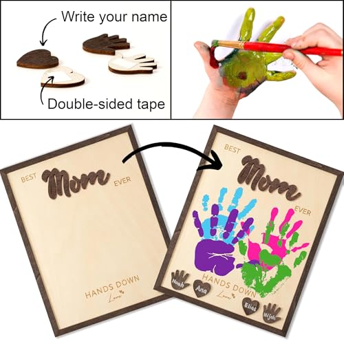 Personalized Best Mom Ever Handprint Gifts, Wooden Keepsake Sign with Kids Handprint Art, Custom Ink Name, DIY Craft Kit f...