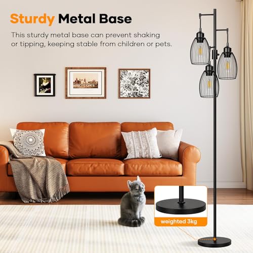 Dimmable Floor Lamp, 3 x 800LM LED Edison Bulbs Included, Farmhouse Industrial Floor Lamp Standing Tree Lamp with Elegant ...