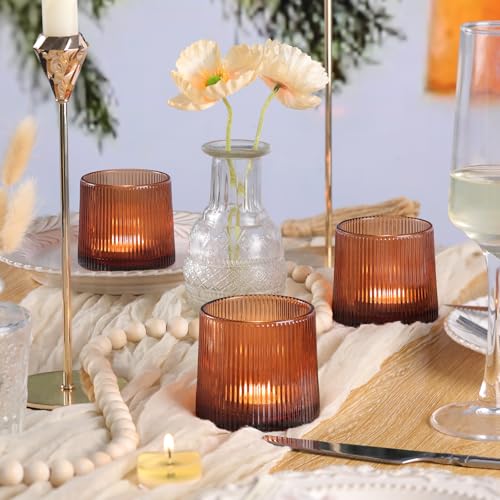 Amber Ribbed Tealight Votive Candle Holders Set of 10- Votive Candle Holders for Table Centerpiece, Tea Light Candle Holde...