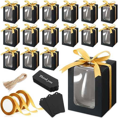 Fulmoon 50 Pack Gift Boxes for Wine Glass Transparent Gift 9 oz Stemless Glass Paper Packaging Box with Ribbon Tag Hemp Ro...