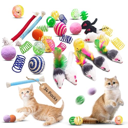 YULOYI Cat Toys for Indoor Cats, 34 Packs Interactive Cat Toy Set with Colorful Springs Toys, Mouse Toy, Catnip Ropes, Bal...