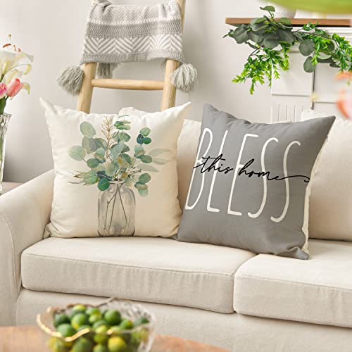 AVOIN Colorlife Home Sweet Home Eucalyptus Leaves Throw Pillow Covers 18x18 Inch Set of 4, Spring Summer Seasonal Decorations