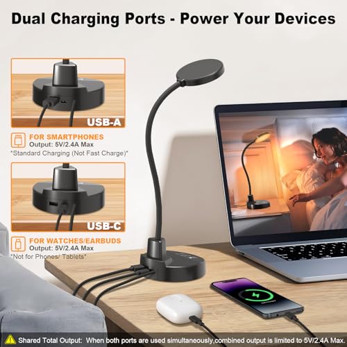 15W LED Desk Lamp with USB Charging Ports – Dimmable Table Lamp with 3 Color Temps, 5 Brightness, 4 Timers, Flexible Goose...