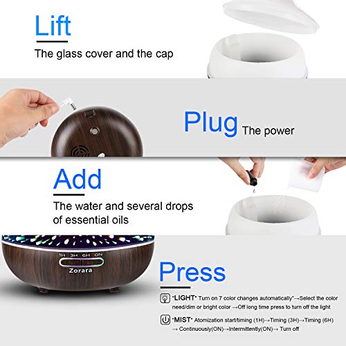 Essential Oil Diffuser 550ml Cool Mist Humidifier 3D Glass Ultrasonic Aromatherapy Humidifier with 7 Color Changing Led Li...