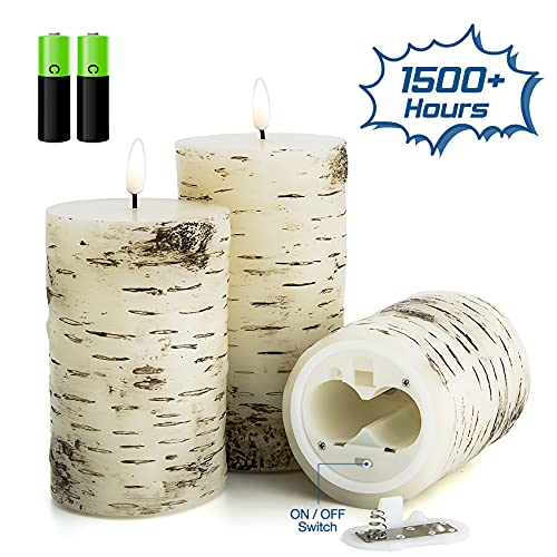 Eywamage Birch Bark Flameless Pillar Candles with Remote, Flickering Rustic Battery LED Wood Candles Set of 3