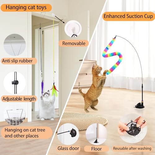 Soarer 4-in-1 Interactive Cat Feather Toys,12Pcs Durable Fishing Pole Cats Feathers Toy Replacements,Enhanced Suction Cup ...