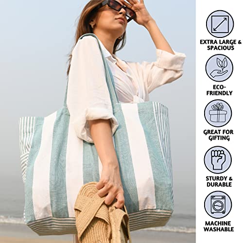 Folkulture Beach Bag For Women | 17 x 14 Inch - 100% Cotton Beach Tote Bag With Zipper Pocket Inside, Large Woven Pool Bag