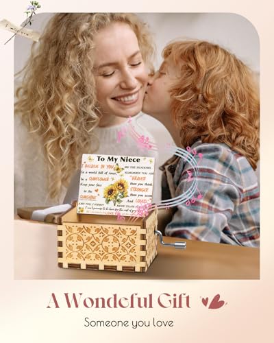 Swooflia Mother's Day Wooden Music Box for Niece with Sunflower Greeting Card - Hand Crank Engraved Musical Box Vintage Me...