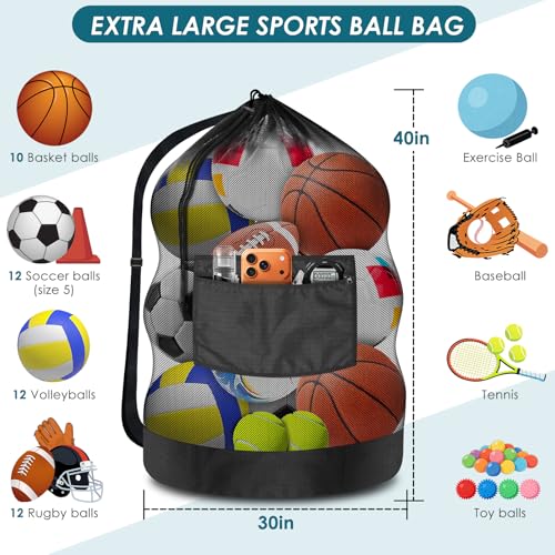 BROTOU Extra Large Soccer Ball Net Bag, 40" x 30" Drawstring Mesh Ball Bag with Zipper Pocket, Sports Equipment Bag for Gy...