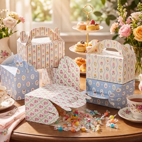 Novabright 24 Pcs Pastel Garden Floral Gift Boxes Tea Party Favor Gable Boxes with Handle Paper Candy Goodie Treat Bags fo...