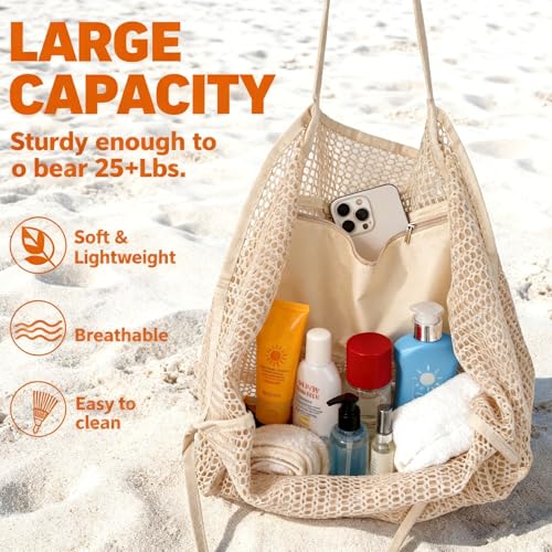 Zptjql Mesh Beach Bag, 23L Foldable Sandproof Lightweight Tote, Breathable Pool Bag with Wide Shoulder Straps, Zipper Pocket