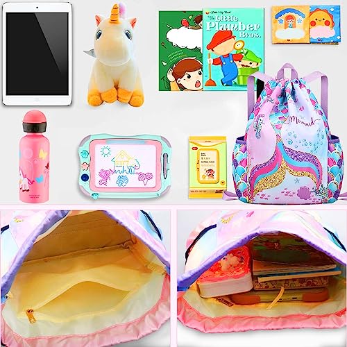 RHCPFOVR Drawstring Backpack for Kids - Mermaid Bags for Girls Gym Dance Beach Swim Travel Bag With Two Water Bottle Holder