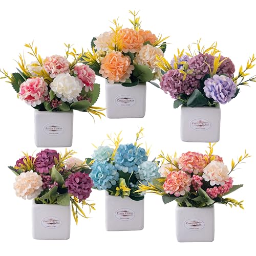 6Pcs Artificial Flowers with Ceramic Pot Small Fake Hydrangea Flowers Arrangements Faux Spring Flowers in Vase Home Spring...