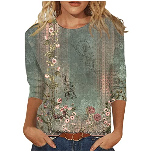 BTCOW Womens Summer Fashion Tops 3/4 Sleeve Round Neck Shirts Casual Print Trendy Three Quarter Length T Shirt
