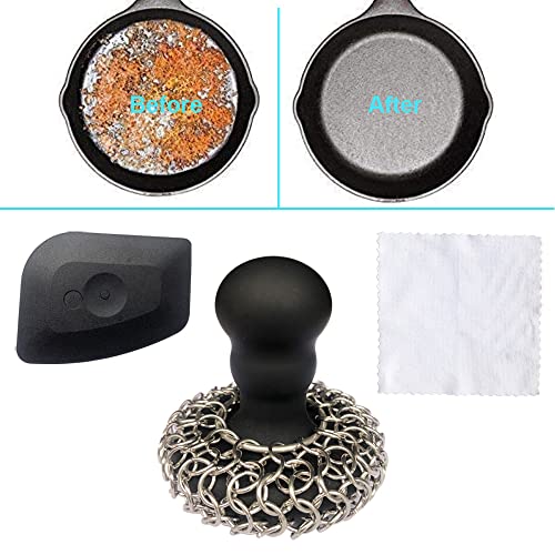 316 Upgraded Chainmail Scrubber with Silicone Handle Cast Iron Cleaner for Cast Iron Grill Pan Skillet Wok Bakeware Ergono...