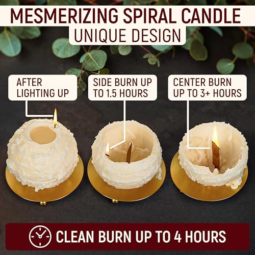 Spiral Candles Burn Around, Unscented Unique Shaped Candle on Metal Base, 4.5" Beige Beeswax Soy Wax Candle, 4h Burn, Twis...