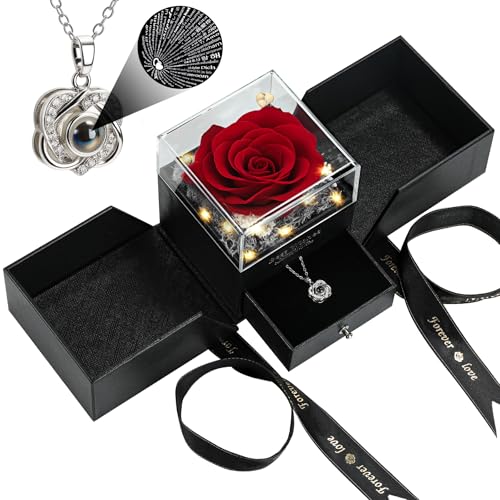 woxafo Preserved Real Red Rose with I Love You Heart Necklace 100 Languages - Eternal Flowers Rose Birthday Gifts for Wome...