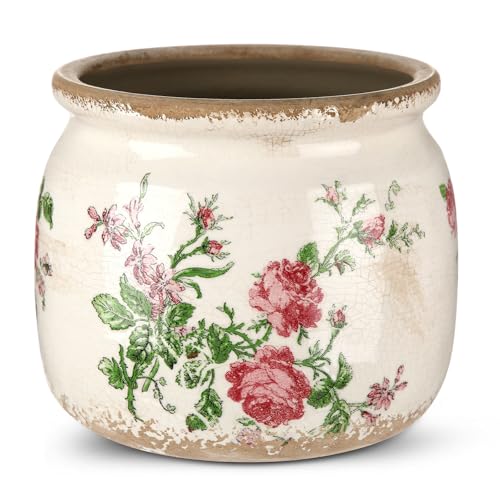 Ninehaoou Vintage Planter Large Ceramic Plants Pot Beige Pink French Rose Ice Crack Cottage Scroll Vase Flower Vase Pot In...