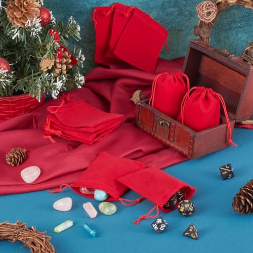 FASHEWELRY 100 Pack Red Velvet Drawstring Bags 3.6 x 2.8 inch Christmas Candy Gift Bags Mini Jewelry Storage Present Packa...