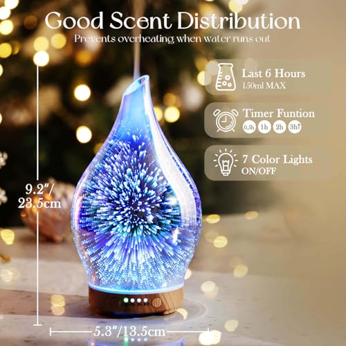 Porseme Oil Diffuser 3D Glass Aromatherapy Ultrasonic Humidifier, Air Refresh Auto Shut-Off, Timer Setting, BPA Free for H...