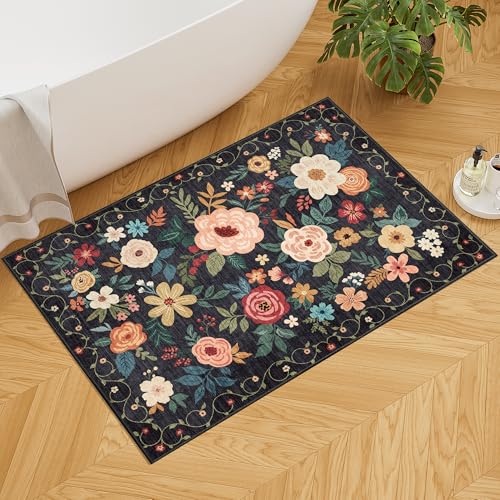 DUKINO 2x3 Rugs for Entryway, Floral Indoor Washable Door Mat, Non Slip Boho Small Rug for Kitchen, Soft Low Pile, Front D...