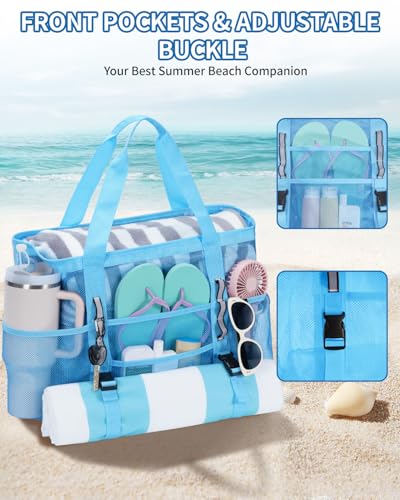 WANDF Mesh Beach Bag for Women, Large Beach Tote Bags with 40oz Tumbler Side Pockets, Family Pool Bag for Swim Toys Towels...