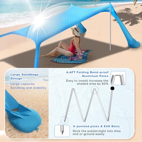 Beach Tent Canopy UPF50+ Protection, 10x10FT Beach Shade Sun Shelter Pop Up with 4 Stability Poles, Sandbags, Sand Shovel...