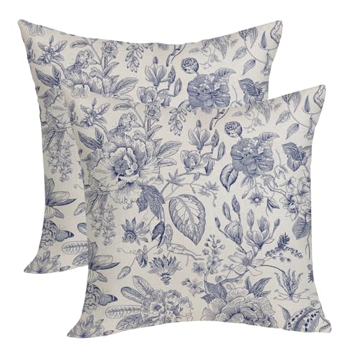OFIRD Spring Pillow Covers 18x18 Pack of 2 Navy Blue Floral Throw Pillow Covers Outdoor Decoration Summer Flower Pillowcas...