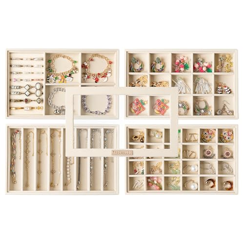 Frebeauty Stackable Jewelry Trays, Velvet Drawer Jewelry Organizer with Glass Lid,5 in 1 Multi-Functional Jewelry Storage ...