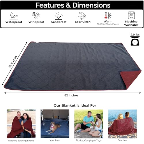 BRAWNTIDE Large Outdoor Waterproof Blanket - Extra Thick Fleece, Warm, Windproof, Sandproof, Quilted, 82" x 55", Ideal for...