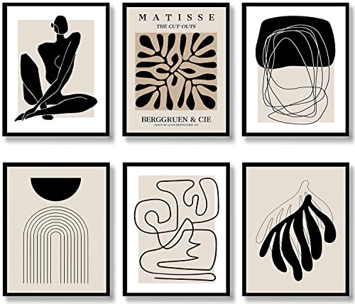 Quzenu Boho Wall Art Mid Century Modern Decor Canvas Prints Set of 6 Black And White Neutral Abstract Boho Wall Decor for ...