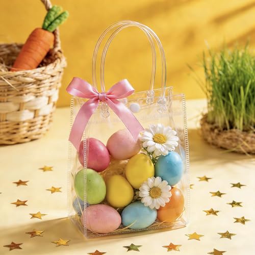MAQIHAN Clear Gift Bags with Handles - 10 Party Favor Candy Bags, Plastic Goodie Bags Transparent, bolsitas, for Valentine...