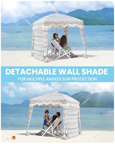 OutdoorMaster Beach Cabana with Fringes, Portable 6' x 6' Beach Canopy for Sand, Easy Set Up Beach Shelter, Included Side ...