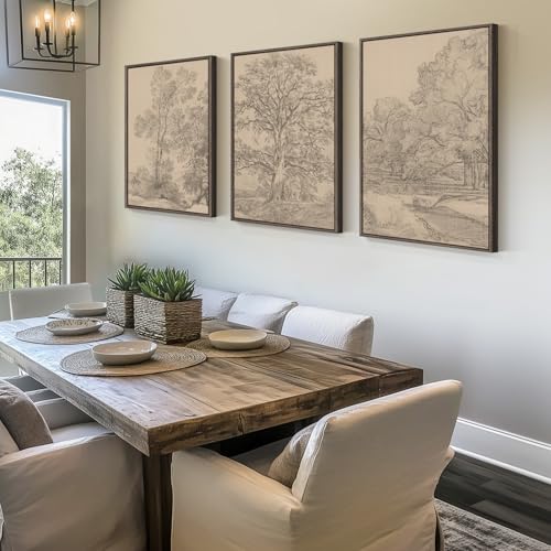 Large Vintage Framed Neutral Landscape Wall Art for Living Rooms, 3 Piece Retro Big Tree Sketch Botanical Forest Antique C...