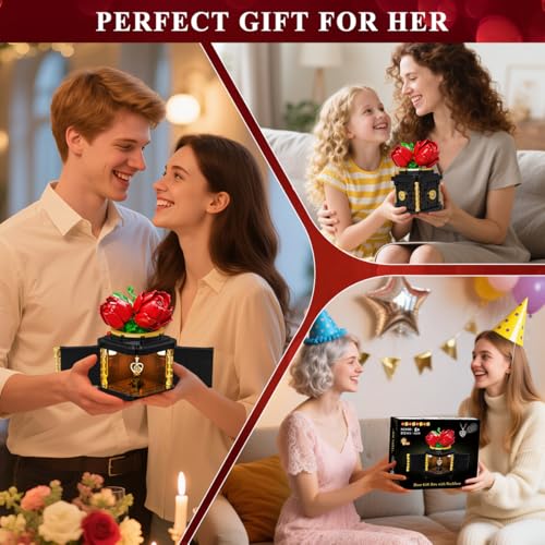 HOGOKIDS Flowers Box Building Set with LED & Necklace, for Mom/Wife, 312PCS Preserved Rose with Heart Necklace for Adults ...