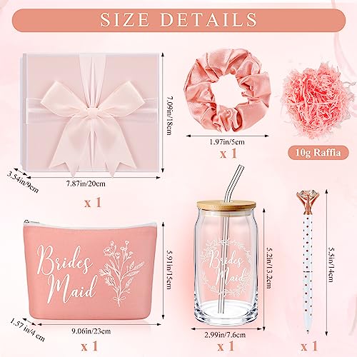 Umigy Bridesmaid Glass Cup Gift Box Set of 5 Include Glass Cup with Lid Makeup Bag Scrunchies Hair Ties Diamond Ballpoint ...