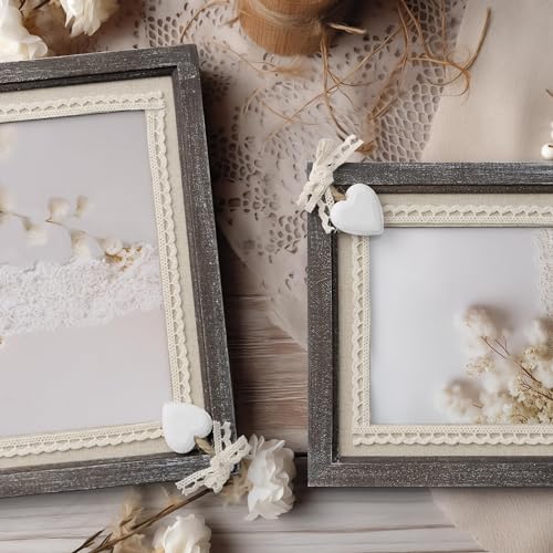 Afuly 8x10 Picture Frame Wooden Distressed Rustic Photo Frame with White Heart Burlap Lace, Solid Wood Frame for Farmhouse...