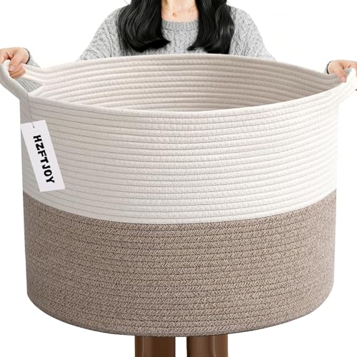 HZFTJOY 65L Large Woven Cotton Rope Blanket Basket with Handles, Laundry Hamper Storage Bin for Pillows, Clothes, Bedroom ...