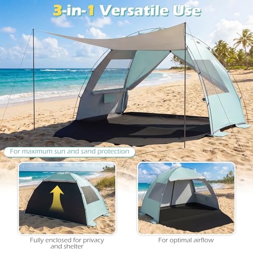 Tangkula 3/4/5/6 Person Pop Up Beach Tent with Canopy, UPF50+ Silver-Coated Lightweight Beach Sun Shelter with Extended Fl...