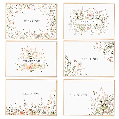 52-pack Floral Thank You Cards Bulk with Kraft Envelopes & Matching Stickers, 3.5x5 Inches, 6 Wildflower Designs | Perfect...