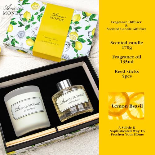 Reed Diffuser & Scented Candle Gift Set, Lemon Basil Oil Diffuser Sticks, Fragrance Diffuser & Soy Wax Candles in Glass Ja...