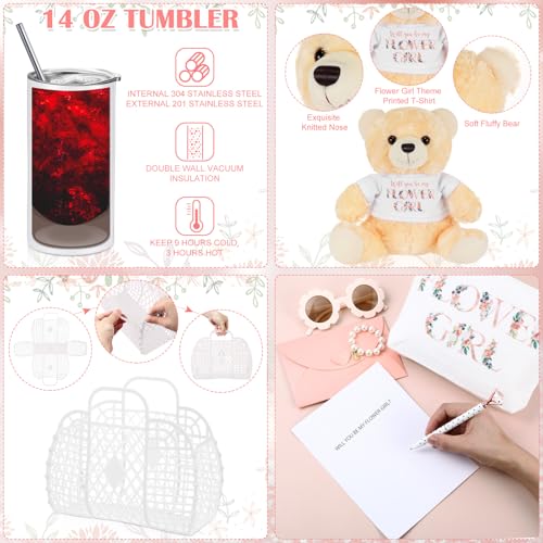 Sieral 18 Pcs Flower Girl Gift Set Jelly Basket Tumbler Bear Sunglasses Canvas Bag Bracelet Card Pen Envelope for Wedding ...