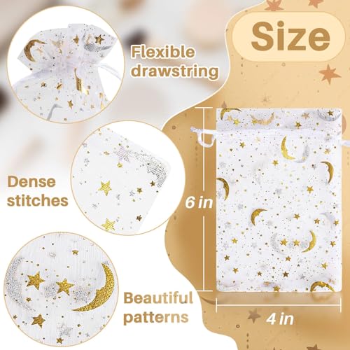 Sukh 100pcs Organza Bags - 4"X6" Moon Star Small Gift Bags Bulk Party Favor Mesh Drawstring Goodie Wrap Pouch Candy Jewelr...