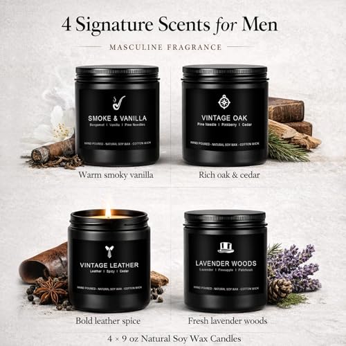 Candles for Men Gift Set, 4 Pack Masculine Scented Soy Candles for Men, Leather, Smoke, Oak & Lavender Scents, Aromatherap...
