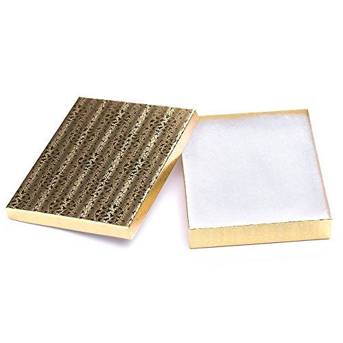 RJ Displays 25 Piece Pack Gold Foil Paper Cotton Filled Lidded Jewelry Gift Box Necklace, Belt Buckle, Pendant, Brooch, Br...