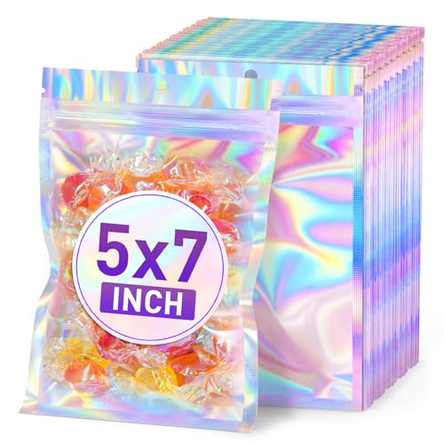 ANZNKU Holographic Bags 5x7 Mylar Bags Resealable 50PCS, Packaging Bag Smell Proof Pouches Baggies for Goodie Snack Easter...