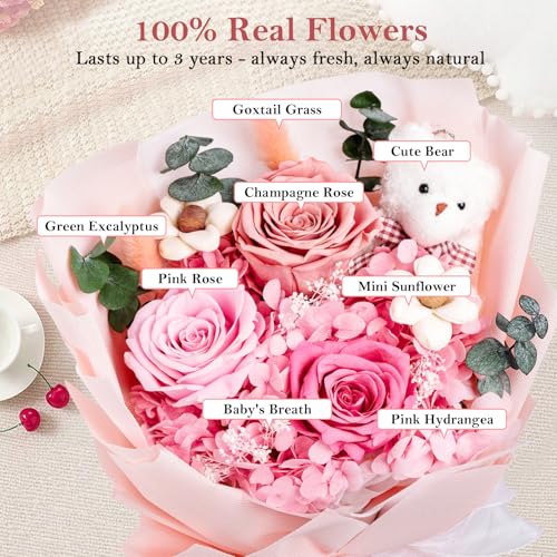Shearly Preserved Flowers Bouquet with Bear, Forever Flowers with Gift Box, Long-Lasting Eteranl Roses Bouquet, Anniversar...