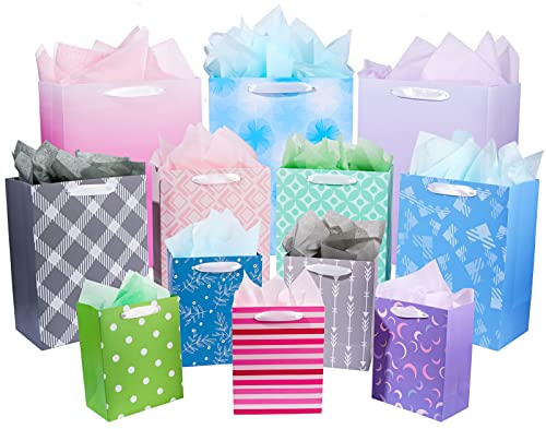 12 Pack Gift Bags Assorted Sizes and Designs, Gift Bags Bulk with Tissue Paper (5 Medium 8", 4 Large 11", 3 Extra Large 1...